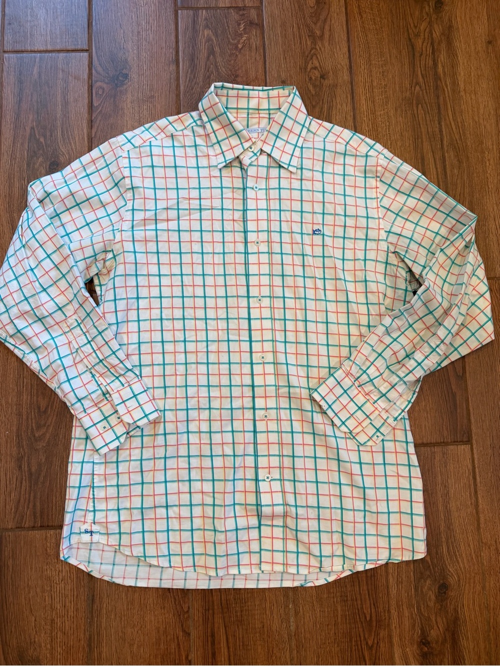 Southern Tide White Button-Down Shirt with green and Orange Plaid / men’s medium